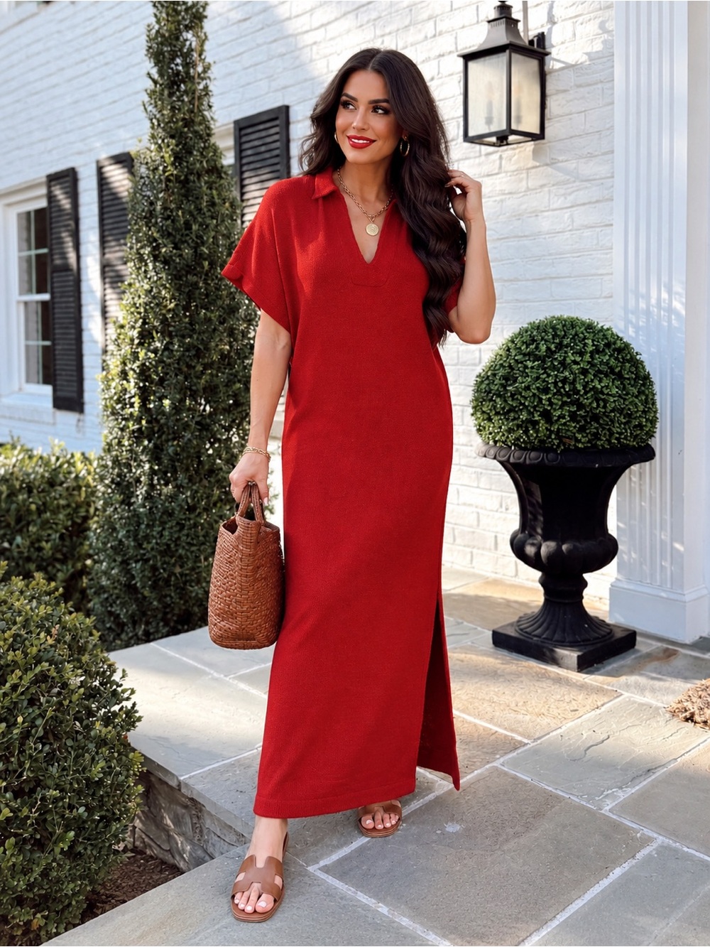 NWT Tuckernuck Pomander Place Maren Burnt Red V-Neck Maxi Dress with Side Slit